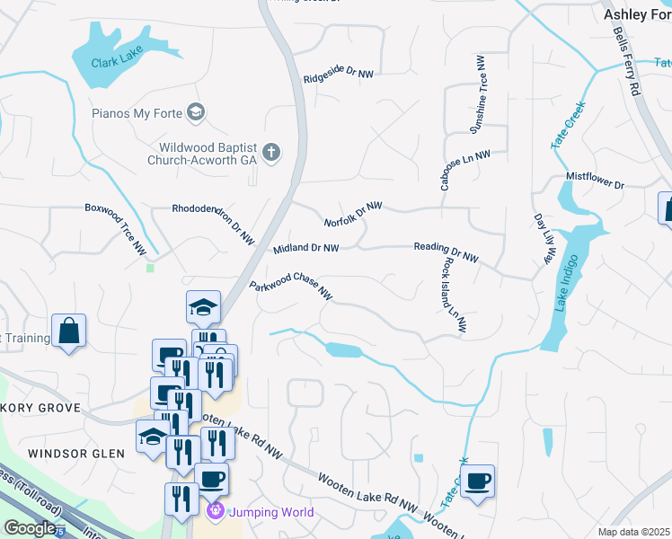 map of restaurants, bars, coffee shops, grocery stores, and more near 1276 Westover Trace Northwest in Acworth