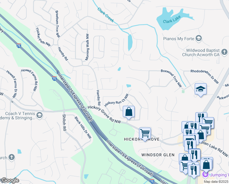 map of restaurants, bars, coffee shops, grocery stores, and more near 1839 Tranquil Field Drive Northwest in Acworth