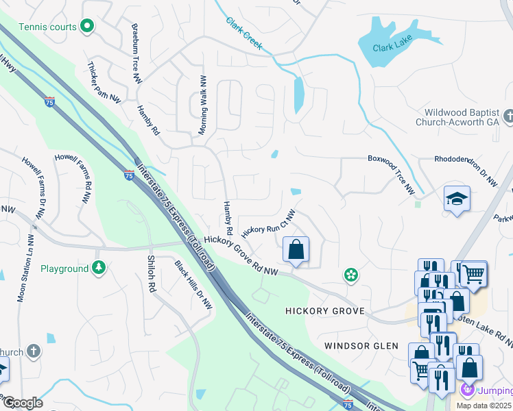 map of restaurants, bars, coffee shops, grocery stores, and more near 1847 Tranquil Field Drive Northwest in Acworth