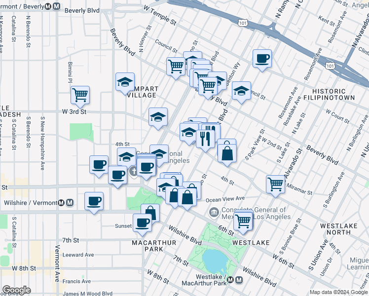map of restaurants, bars, coffee shops, grocery stores, and more near 310 South Lafayette Park Place in Los Angeles