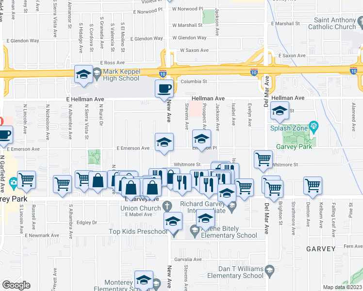 map of restaurants, bars, coffee shops, grocery stores, and more near 7429 Emerson Place in Rosemead