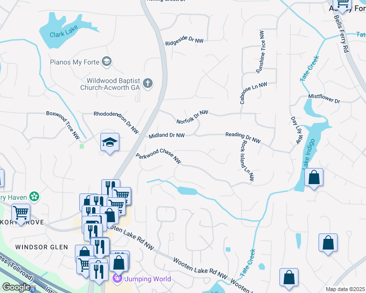 map of restaurants, bars, coffee shops, grocery stores, and more near 1276 Westover Trace Northwest in Acworth