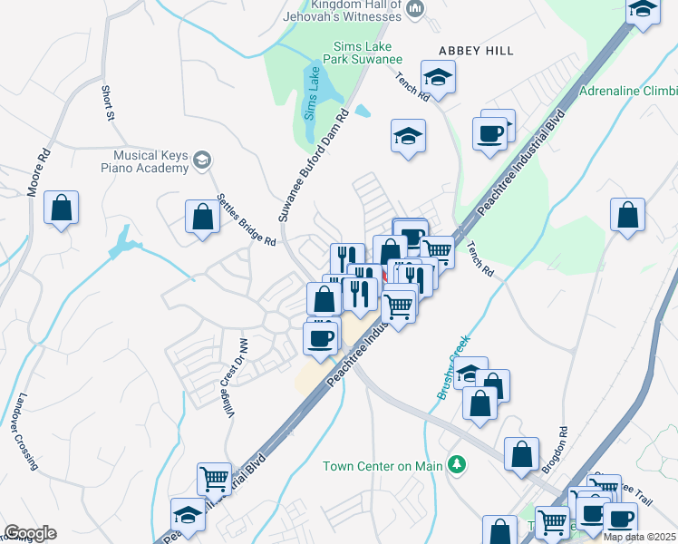map of restaurants, bars, coffee shops, grocery stores, and more near 4411 Suwanee Dam Road in Suwanee