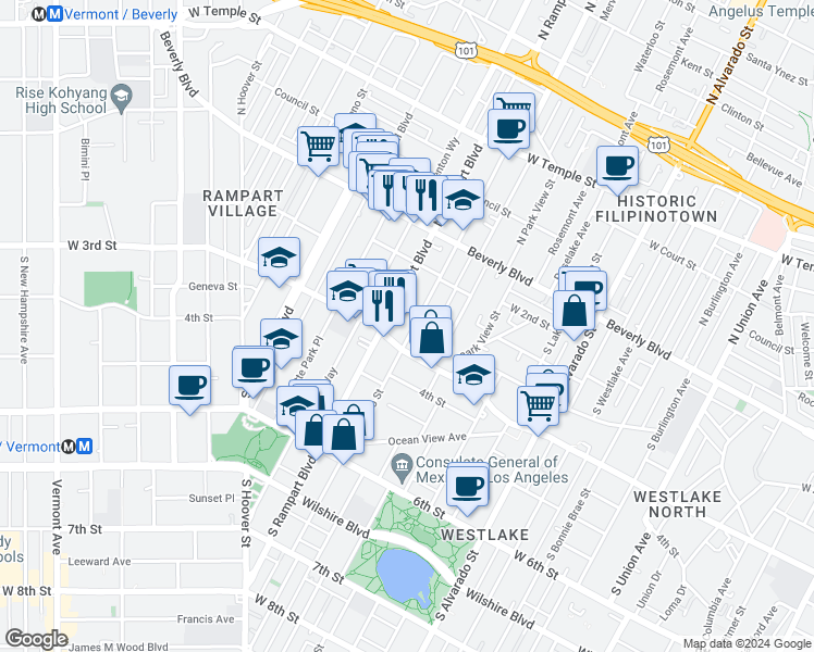 map of restaurants, bars, coffee shops, grocery stores, and more near 269 South Coronado Street in Los Angeles