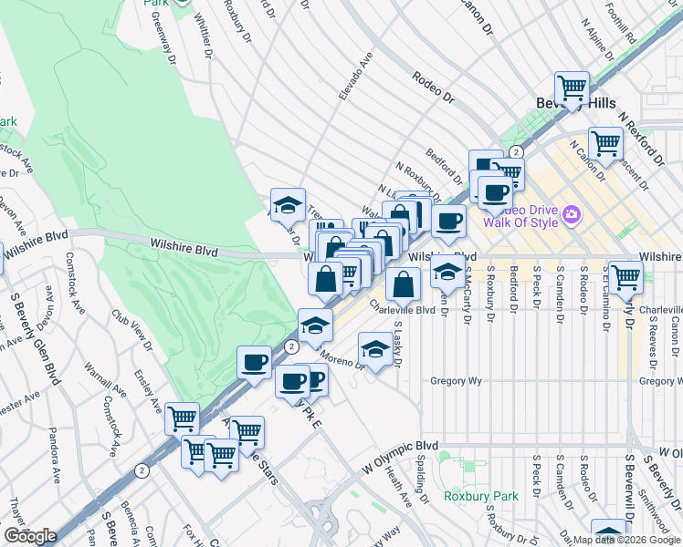 map of restaurants, bars, coffee shops, grocery stores, and more near 9876 Wilshire Boulevard in Beverly Hills