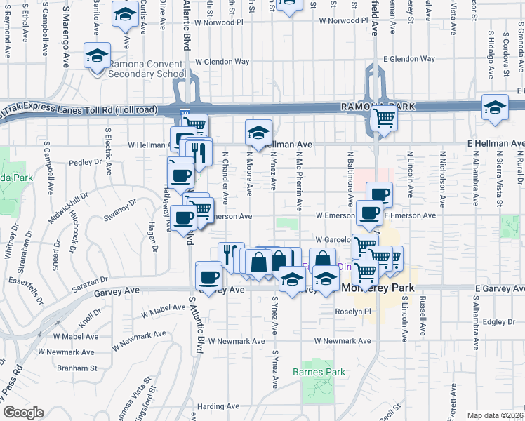 map of restaurants, bars, coffee shops, grocery stores, and more near 407 North Ynez Avenue in Monterey Park