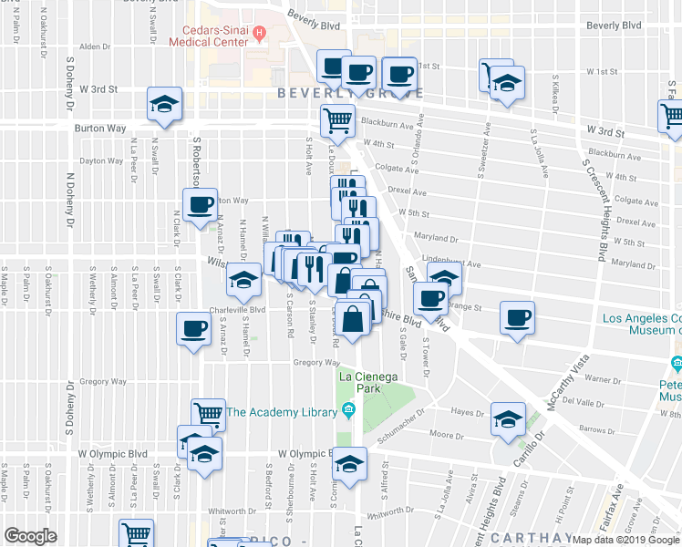 map of restaurants, bars, coffee shops, grocery stores, and more near 126 Le Doux Road in Beverly Hills
