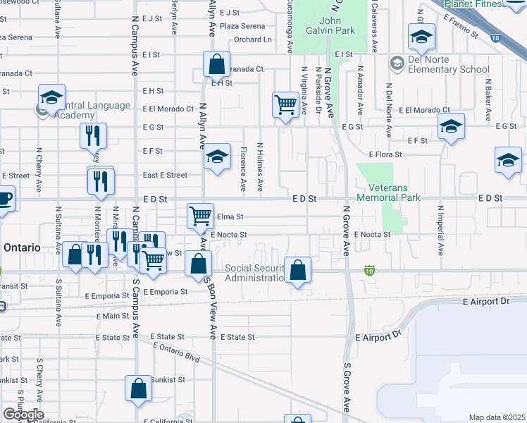 map of restaurants, bars, coffee shops, grocery stores, and more near 1039 East Elma Street in Ontario