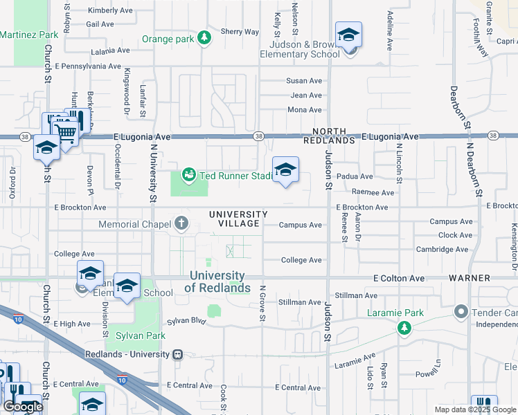 map of restaurants, bars, coffee shops, grocery stores, and more near 1294 East Brockton Avenue in Redlands