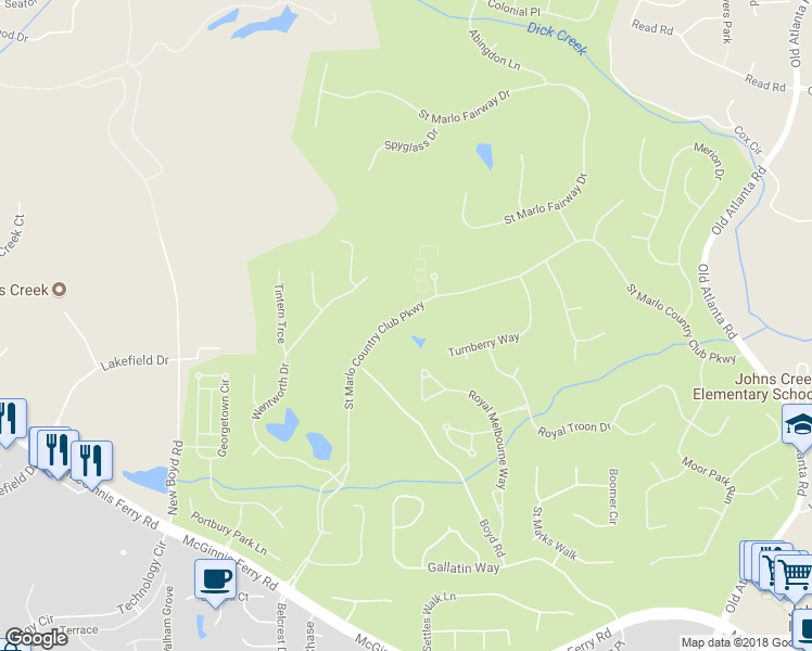 map of restaurants, bars, coffee shops, grocery stores, and more near 7730 Saint Marlo Country Club Parkway in Duluth