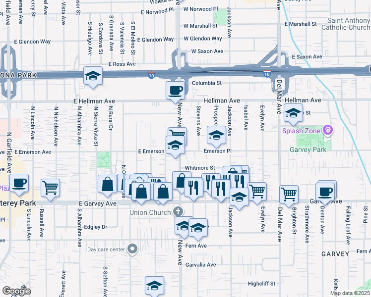 map of restaurants, bars, coffee shops, grocery stores, and more near 1111 East Emerson Avenue in Monterey Park