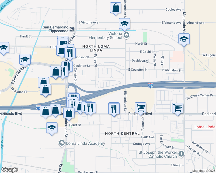 map of restaurants, bars, coffee shops, grocery stores, and more near 1458 Laurelwood Drive in San Bernardino