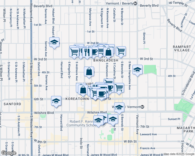 map of restaurants, bars, coffee shops, grocery stores, and more near 422 South Mariposa Avenue in Los Angeles