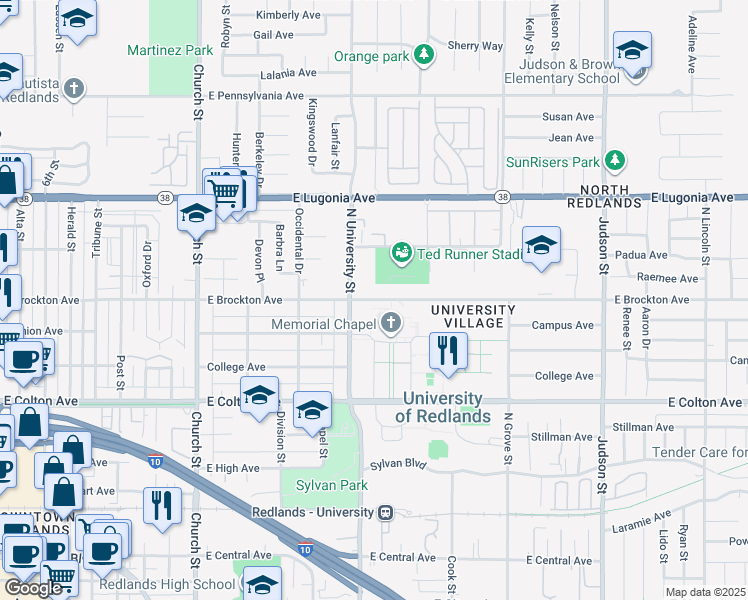 map of restaurants, bars, coffee shops, grocery stores, and more near 1133 East Brockton Avenue in Redlands