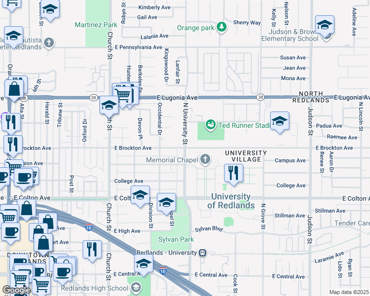map of restaurants, bars, coffee shops, grocery stores, and more near North University Street in Redlands