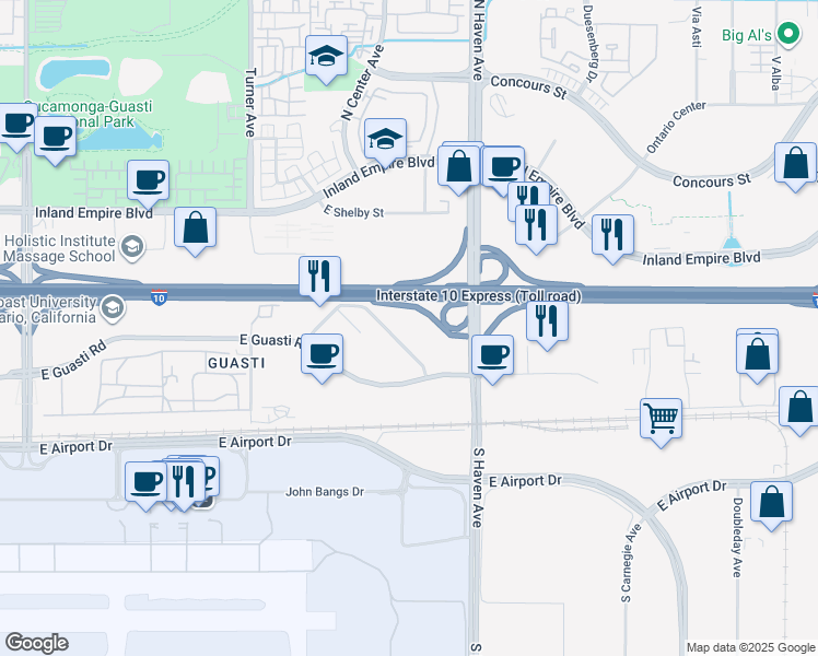 map of restaurants, bars, coffee shops, grocery stores, and more near 3401 North Centre Lake Drive in Ontario