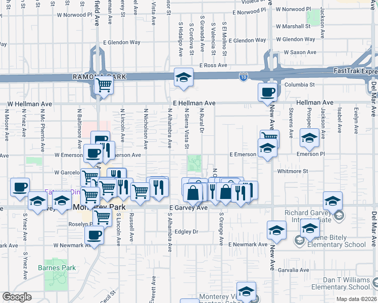 map of restaurants, bars, coffee shops, grocery stores, and more near 405 North Rural Drive in Monterey Park