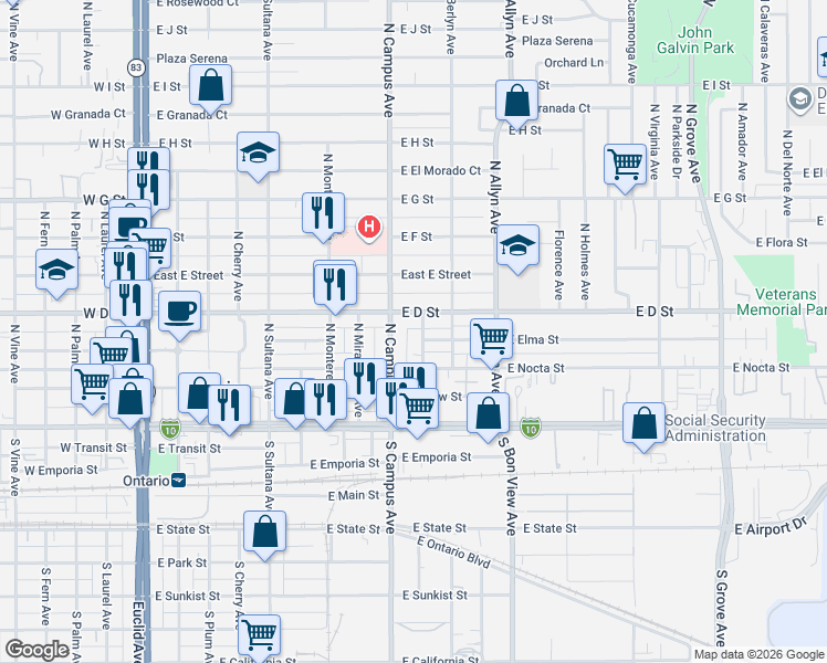 map of restaurants, bars, coffee shops, grocery stores, and more near 341 North Muscatel Avenue in Ontario