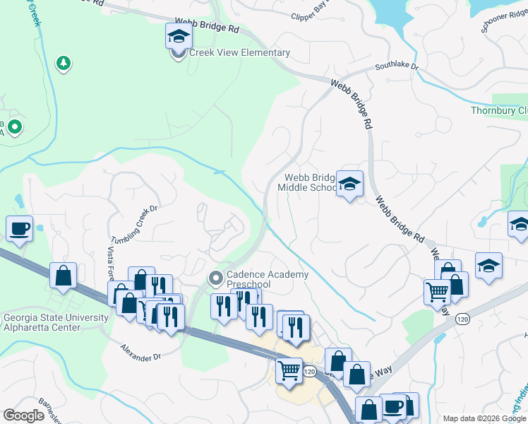 map of restaurants, bars, coffee shops, grocery stores, and more near Park Bridge Parkway in Alpharetta