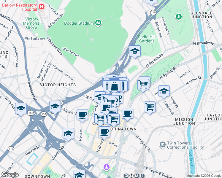 map of restaurants, bars, coffee shops, grocery stores, and more near in Los Angeles