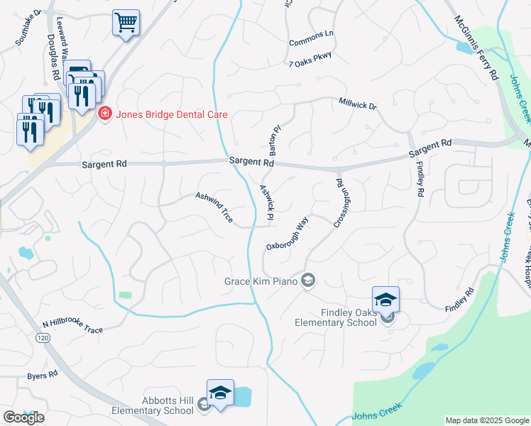 map of restaurants, bars, coffee shops, grocery stores, and more near 11750 Ashwick Place in Alpharetta
