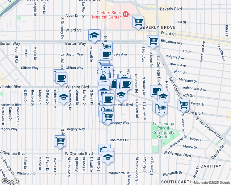 map of restaurants, bars, coffee shops, grocery stores, and more near 115 South Arnaz Drive in Beverly Hills