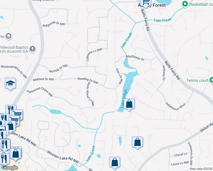 map of restaurants, bars, coffee shops, grocery stores, and more near 1128 Burlington Court in Acworth