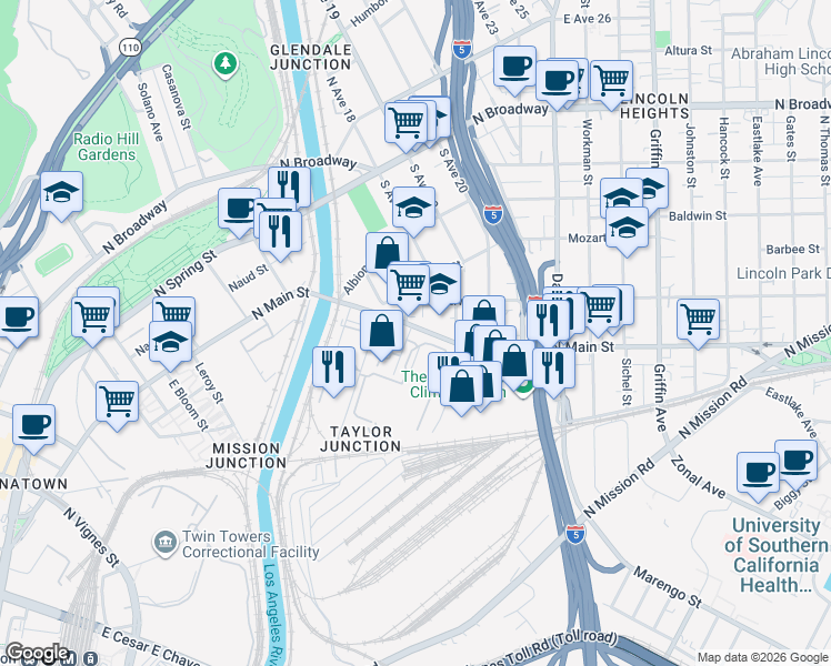 map of restaurants, bars, coffee shops, grocery stores, and more near 612 Clover Street in Los Angeles