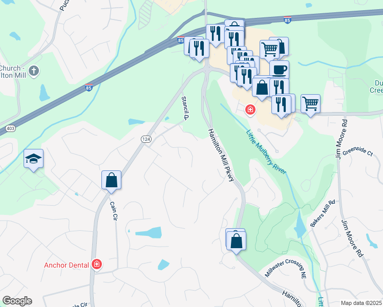 map of restaurants, bars, coffee shops, grocery stores, and more near 2056 Stancil Point Drive in Dacula