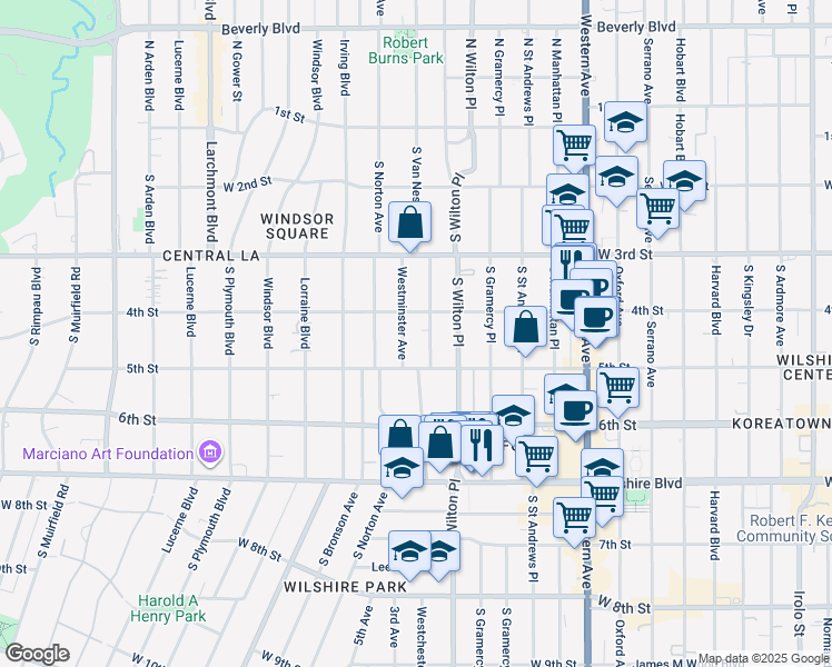 map of restaurants, bars, coffee shops, grocery stores, and more near 421 South Van Ness Avenue in Los Angeles