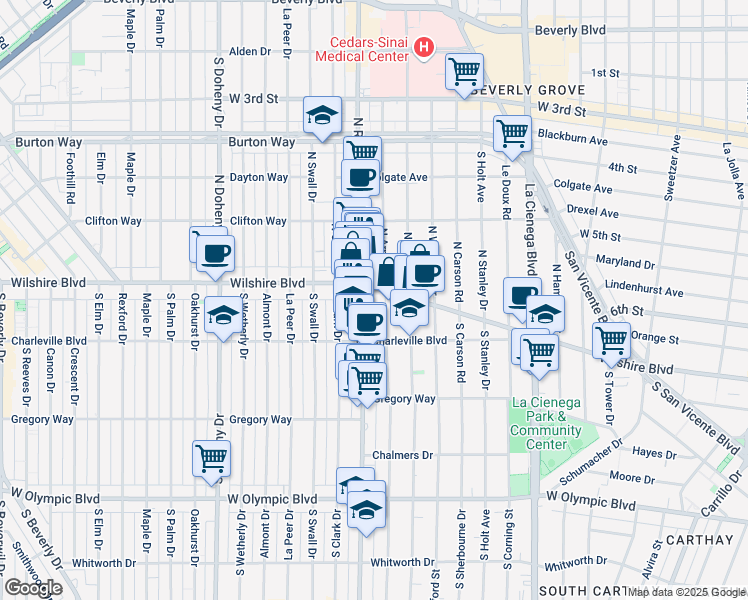 map of restaurants, bars, coffee shops, grocery stores, and more near 115 South Arnaz Drive in Beverly Hills