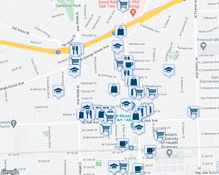 map of restaurants, bars, coffee shops, grocery stores, and more near 844 North Park Avenue in Pomona