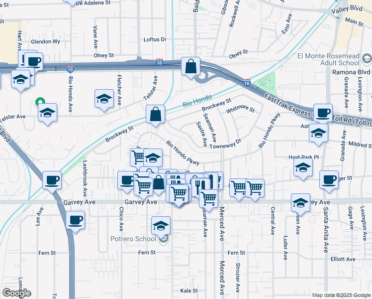 map of restaurants, bars, coffee shops, grocery stores, and more near 9835 Rio Hondo Parkway in El Monte