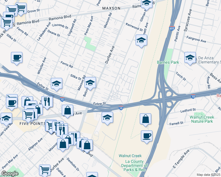 map of restaurants, bars, coffee shops, grocery stores, and more near 3545 Gilman Road in El Monte