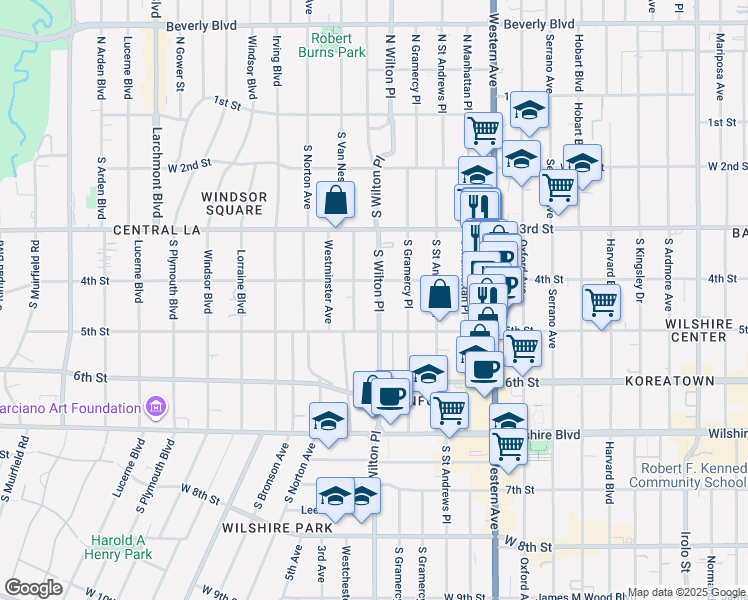 map of restaurants, bars, coffee shops, grocery stores, and more near 421 South Wilton Place in Los Angeles