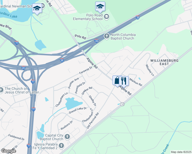 map of restaurants, bars, coffee shops, grocery stores, and more near 124 Cedar Glen Lane in Columbia