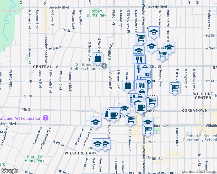 map of restaurants, bars, coffee shops, grocery stores, and more near 421 South Wilton Place in Los Angeles