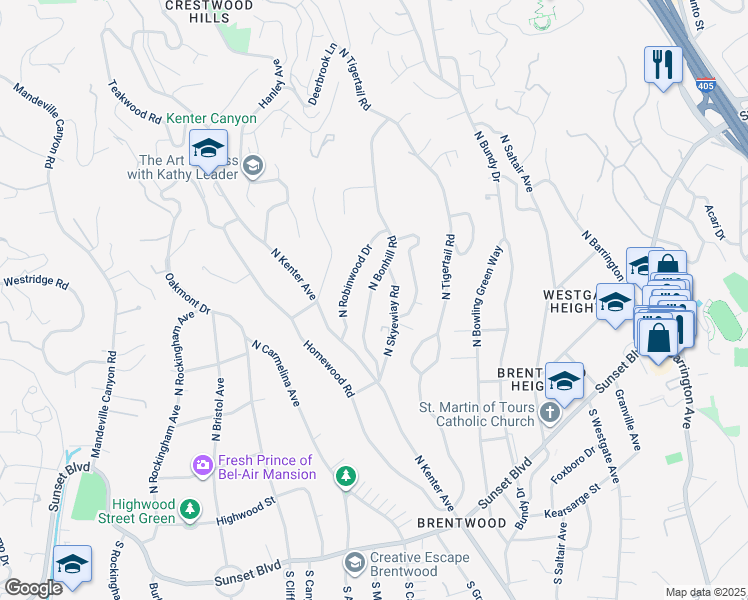 map of restaurants, bars, coffee shops, grocery stores, and more near 426 North Bonhill Road in Los Angeles