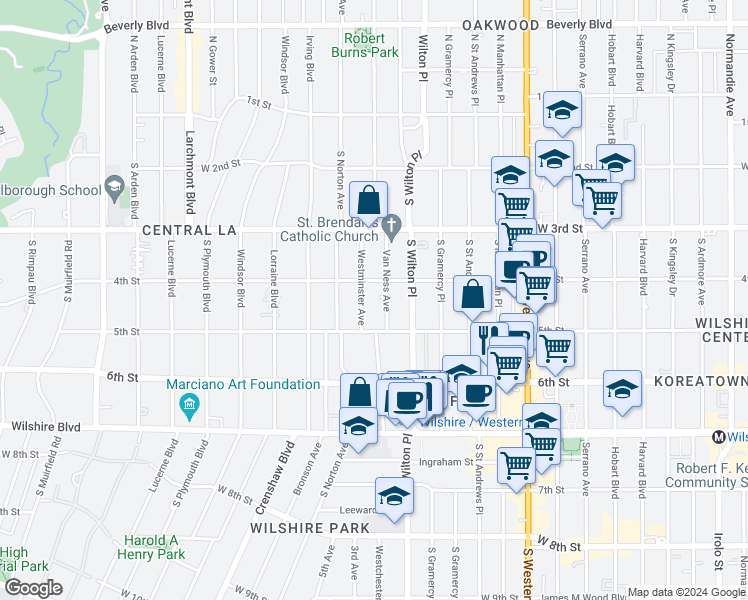 map of restaurants, bars, coffee shops, grocery stores, and more near 421 South Van Ness Avenue in Los Angeles