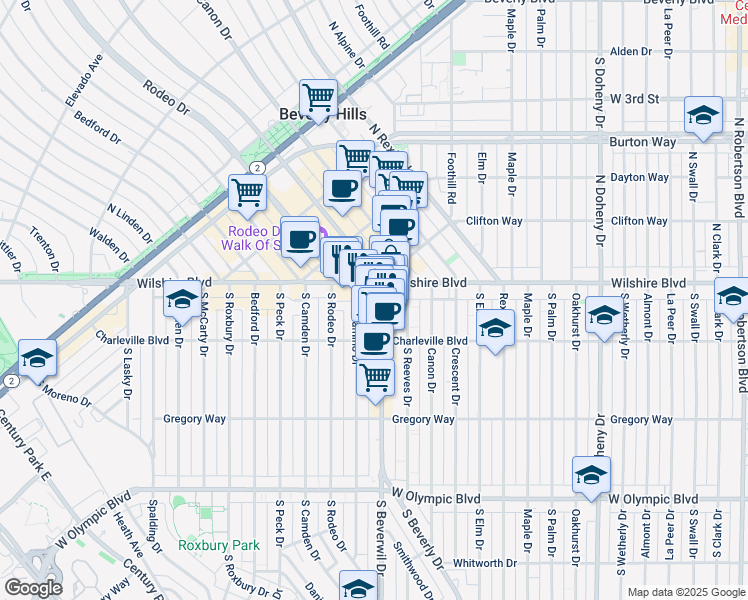 map of restaurants, bars, coffee shops, grocery stores, and more near 94a South Beverly Drive in Beverly Hills