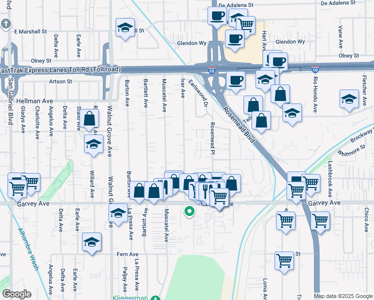 map of restaurants, bars, coffee shops, grocery stores, and more near 3168 Ivar Avenue in Rosemead