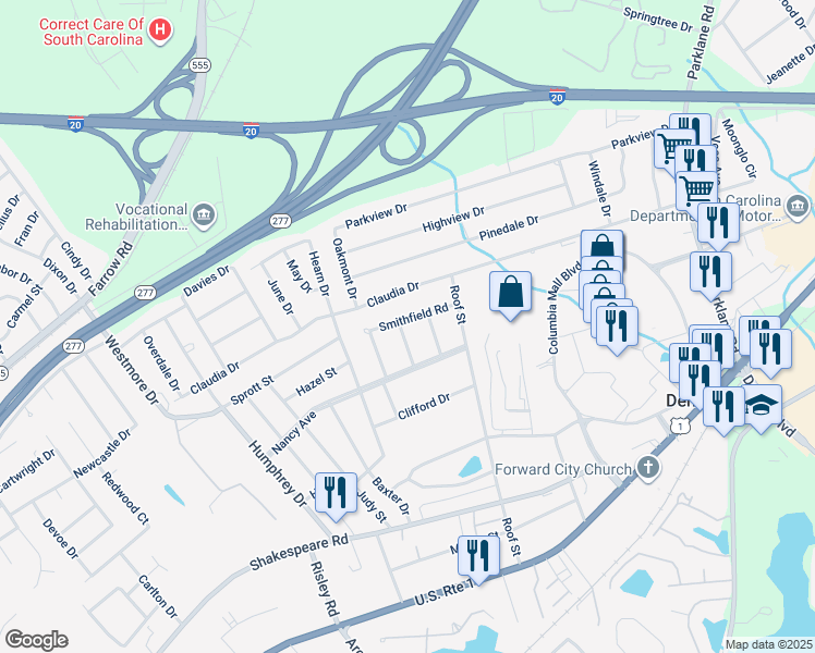 map of restaurants, bars, coffee shops, grocery stores, and more near 7234 Smithfield Road in Columbia