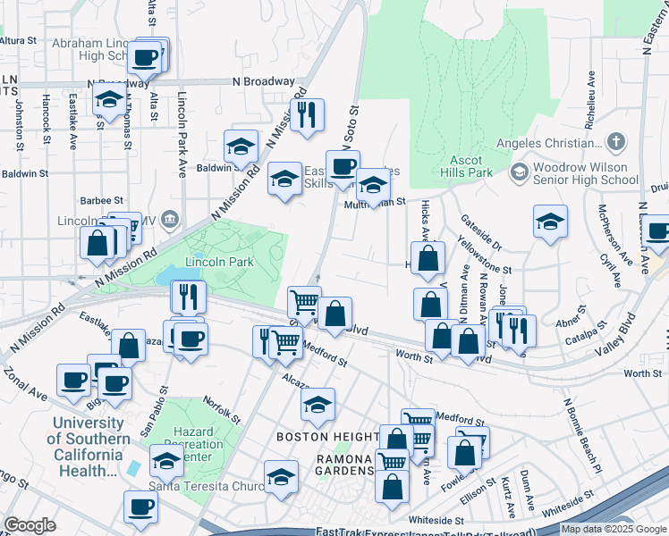 map of restaurants, bars, coffee shops, grocery stores, and more near 4105 Abner Street in Los Angeles