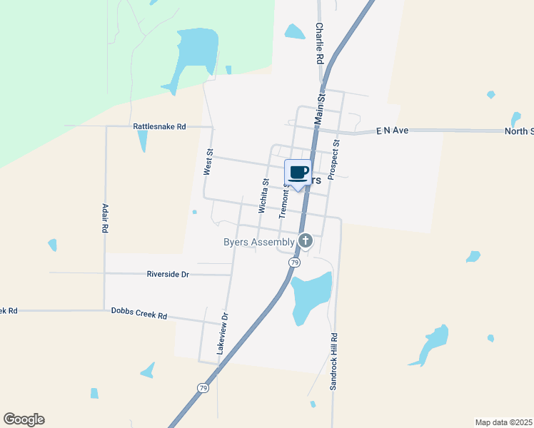 map of restaurants, bars, coffee shops, grocery stores, and more near 308 Wichita Street in Byers