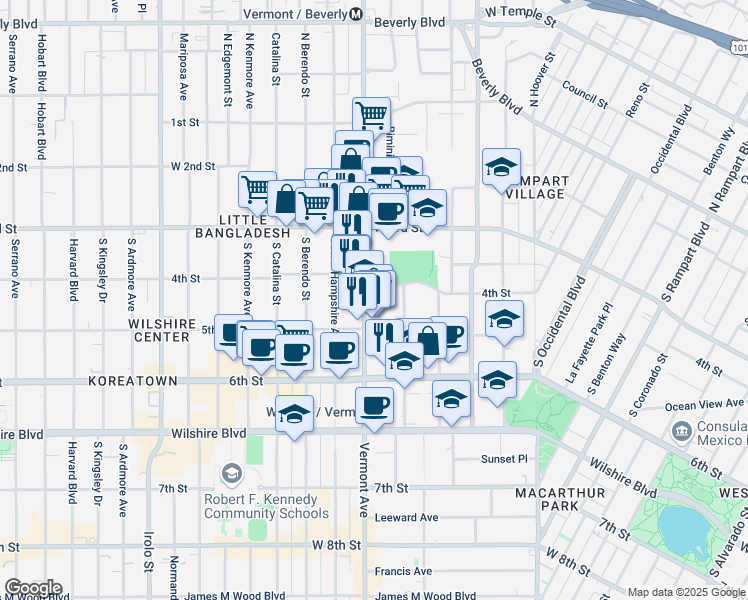 map of restaurants, bars, coffee shops, grocery stores, and more near 434 South Vermont Avenue in Los Angeles