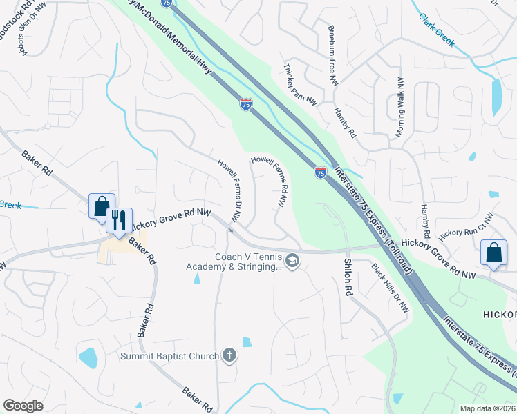 map of restaurants, bars, coffee shops, grocery stores, and more near 4509 Howell Farms Road Northwest in Acworth