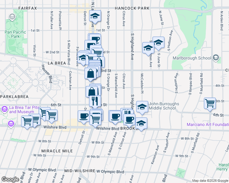 map of restaurants, bars, coffee shops, grocery stores, and more near 413 South Mansfield Avenue in Los Angeles