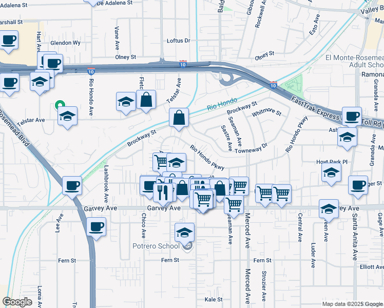 map of restaurants, bars, coffee shops, grocery stores, and more near 3151 Potrero Avenue in El Monte