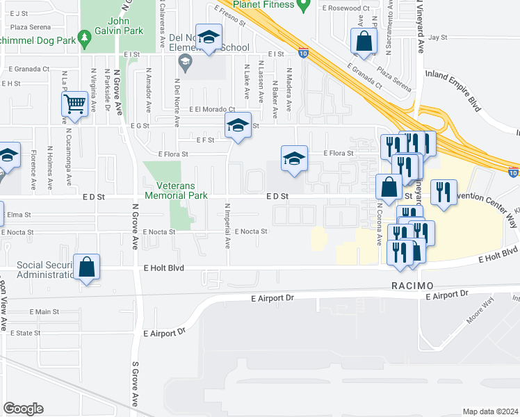 map of restaurants, bars, coffee shops, grocery stores, and more near 1457 East Elma Court in Ontario