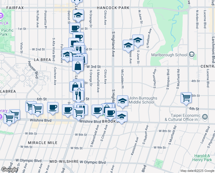 map of restaurants, bars, coffee shops, grocery stores, and more near 412 South Citrus Avenue in Los Angeles
